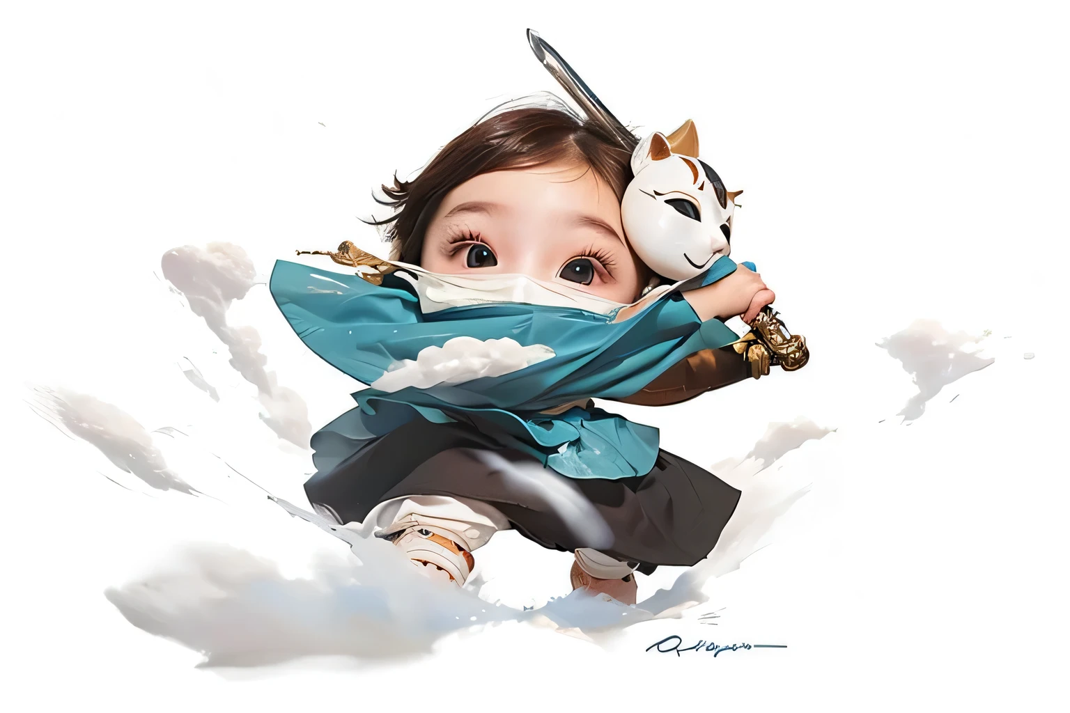 a baby with a mask on his brownhair, holding a sword, Blue dress with white clouds