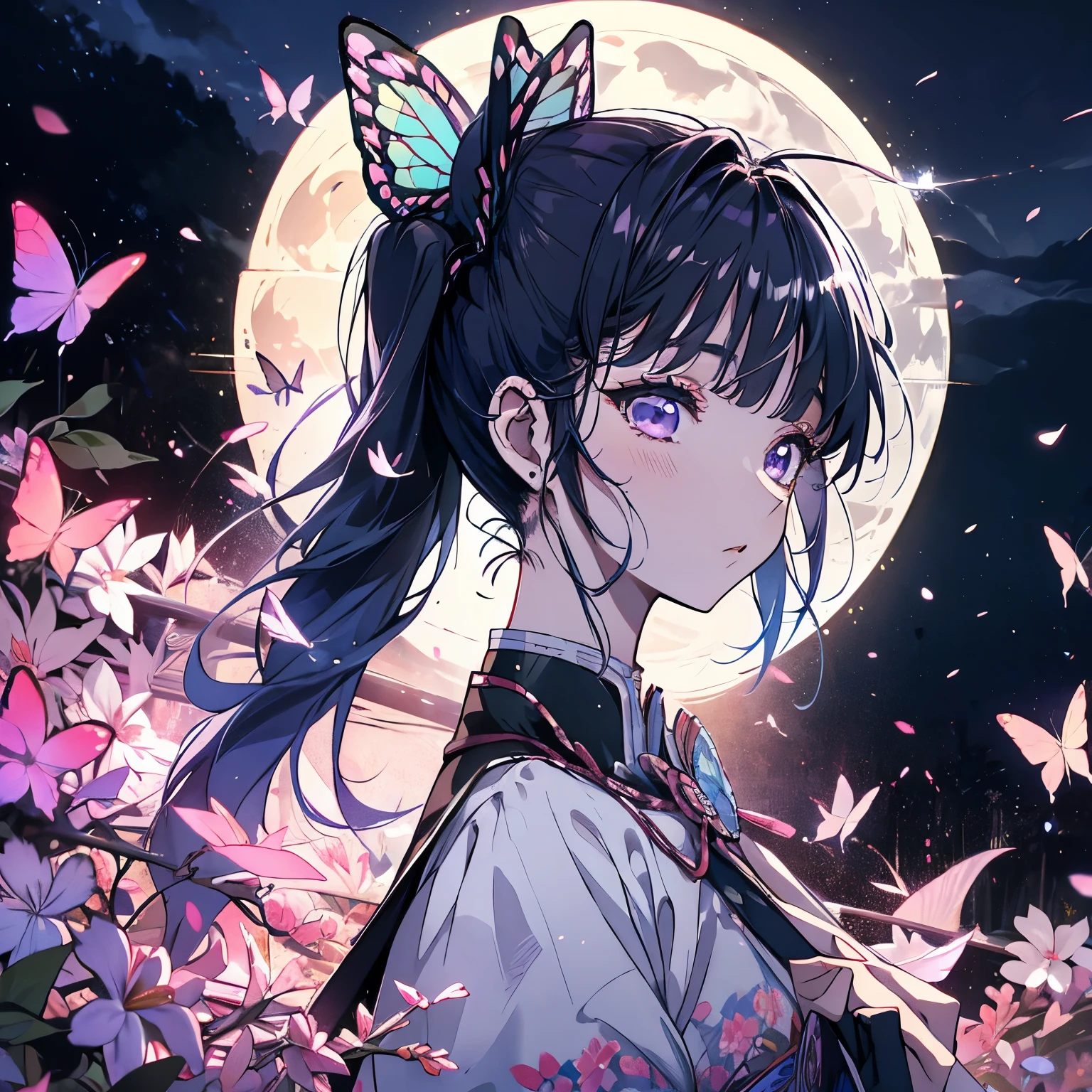 Masterpiece、Kanao、Purple Eyes、ponytail、Butterfly hair fastening、night、full moon、Butterflies fluttering