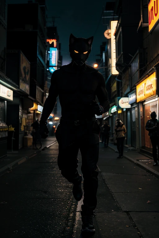 DadCat a mysterious figure with a feline-like agility, patrols the dark alleys of the city at night, communicating with animals and thwarting pet traffickers, his silhouette against the neon-lit skyline, captured in a dynamic mid-shot, rendered in hyper-realistic comic style.