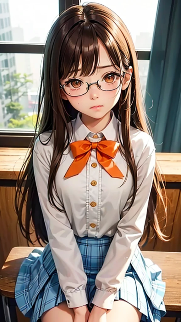 highest quality、Realistic、girl、Japanese、zoom、cute、classroom、Orange Eyes、Light Brown Hair、long hair、Off-white blazer、White blouse、Ribbon、Blue checked pleated skirt、Face close-up、thin、Small breasts、Pouting、freckles、Glasses、