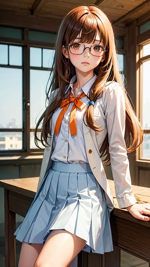 highest quality、Realistic、girl、Japanese、zoom、cute、classroom、Orange Eyes、Light Brown Hair、long hair、Off-white blazer、White blouse、Ribbon、Blue checked pleated skirt、Face close-up、thin、Small breasts、Pouting、freckles、Glasses、