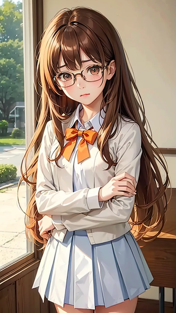 highest quality、Realistic、girl、Japanese、zoom、cute、classroom、Orange Eyes、Light Brown Hair、long hair、Off-white blazer、White blouse、Ribbon、Blue checked pleated skirt、Face close-up、thin、Small breasts、Pouting、freckles、Glasses、