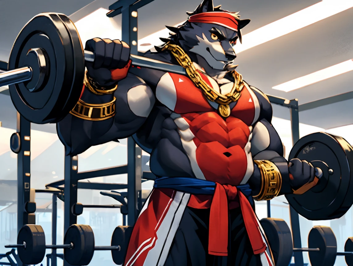 He is lifting weights in the gym, treinando muito arduamente. Ele veste short de treino. bandana on neck, Watch & Bracelets. He wears gold chain around his neck.modern gym scene. Seu Corpo Pesa  acima dos 180 quilos. Fotografia de corpo inteiro fotografia de Corpo completo.