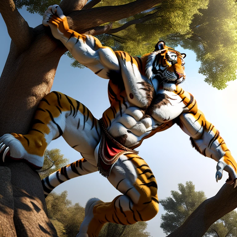 Tiger Man、Tiger face、Tiger Body、Body hair all over the body、Long body hair、thick tail、pure white belly、Patternless belly、Jumping、Kicking、straighten one leg、Upturned face、Big golden eyes、sharp claws, white fang opens、On the branches of trees、Composition from the side、White loincloth、abdominals