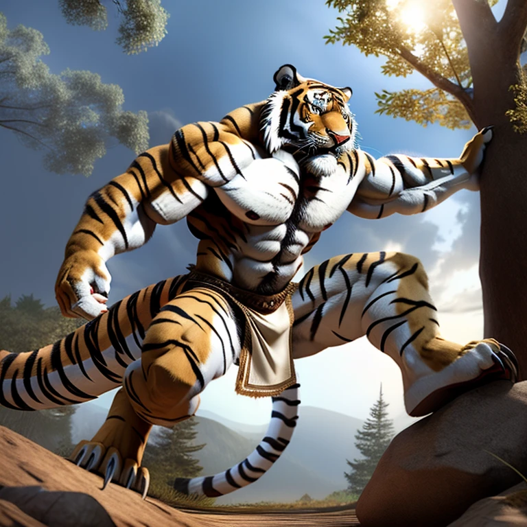 Tiger Man、Tiger face、Tiger Body、Body hair all over the body、Long body hair、thick tail、pure white belly、Patternless belly、Jumping、Kicking、straighten one leg、Upturned face、Big golden eyes、sharp claws, white fang opens、On the branches of trees、Composition from the side、White loincloth、abdominals