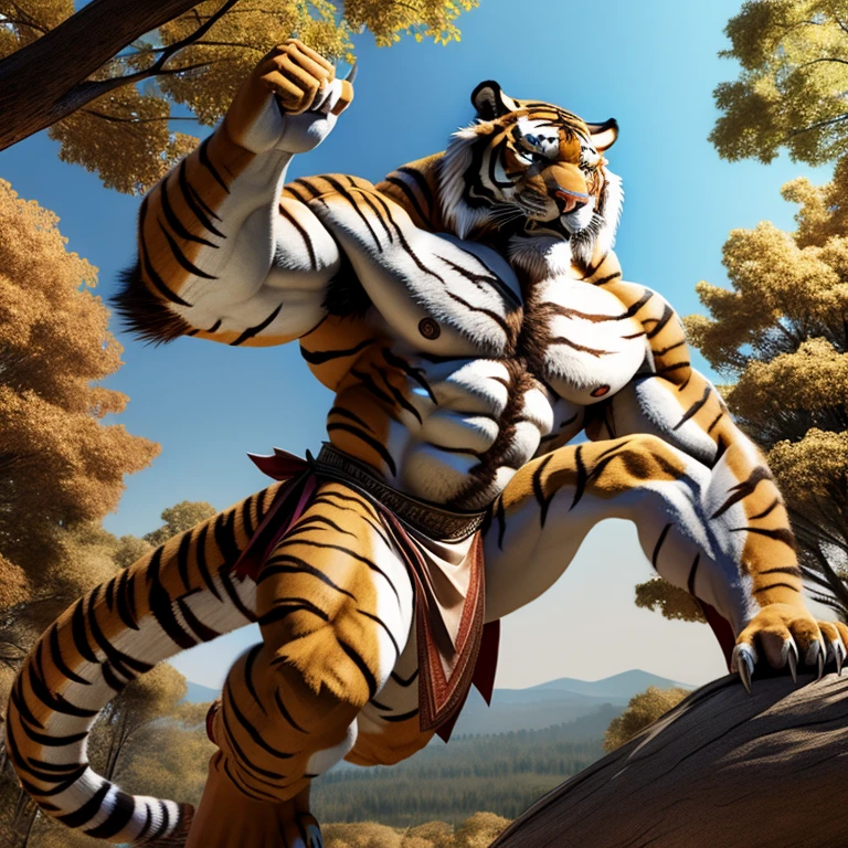 Tiger Man、Tiger face、Tiger Body、Body hair all over the body、Long body hair、thick tail、pure white belly、Patternless belly、Jumping、Kicking、straighten one leg、Upturned face、Big golden eyes、sharp claws, white fang opens、On the branches of trees、Composition from the side、White loincloth、abdominals