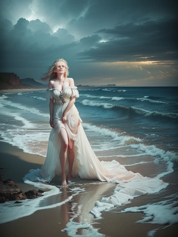 Beautiful British woman in her 30s in a tattered white dress washed up on a beach, A dazed expression、Surreal photos of the beach, Spooky sky、Photo Editing, Fantasy Photography, Photo by Alexei Grilev, Beauty, Photo: Alexei Kurylev, Inspired by Irakli Nadar, Photo Editing, Photo Editing, Inspired by Brooke Shaden, realistic Fantasy Photography, Brooke Schadden Details