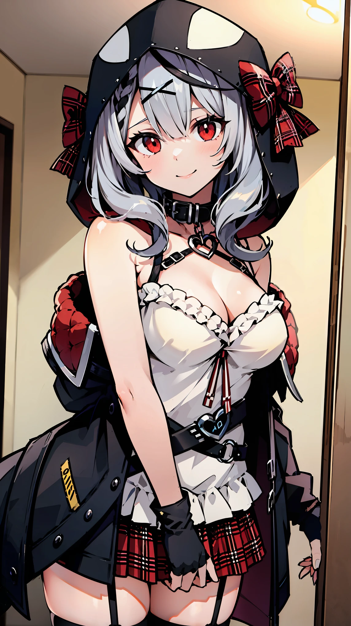 ((masterpiece, best quality, highres)), depth of field, 
BREAK, 1girl, standing, cowboy shot, smile, 
BREAK, (indoors),   
BREAK, (sakamata chloe, garter straps, fingerless gloves, torn thighhighs, grey hair, multicolored hair, plaid skirt, cleavage, x hair ornament, red skirt, black collar, white camisole, breasts, braid, black belt, medium hair, black jacket, hood up, plaid bow), ((red eyes)), ((Beautiful detailed eyes))