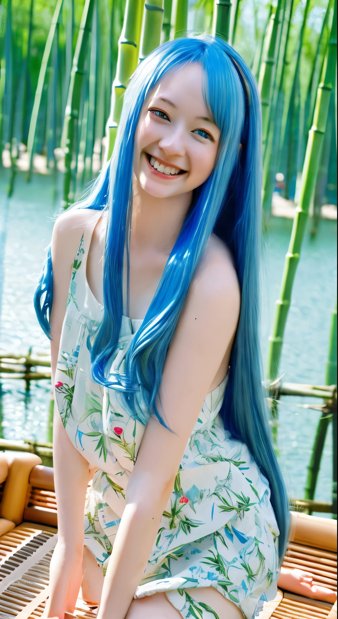 masterpiece, highest quality, Official Art, 8k wallpaper, Very detailed, figure, 1 girl, Sky blue hair, Long Hair, Fine grain, Forrest Gump, Exposing shoulders, Hanfu, lake, Pure, A kind smile, bamboo, tea