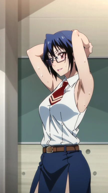 (Top Quality, 8K, Hi-Res, Masterpiece: 1.2), Super Detail, Anime Art Style, Anime Coloring Book, Solo, 1 Girl, Seishiro Tsgumi, White Shirt, Both Shoulders Exposed, Tight Skirt, Glasses, Natural Lips, Classroom , medium big breasts, solo, stylish pose, stylish angle, staring at the audience from the center of the screen, cowboy shot,  seductive smile,put your hands behind your head, armpits, armpits visible, sweaty armpits, short hair, blue hair