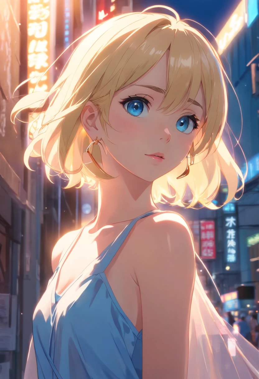 17 years old Women, ((Blonde)), ((Blue eyes)), ((Short hair)), ((Full shot)), very detailed makeup, pale pink lipstick, long earrings, Standing and full body naked against the light in front of her, she has a thin transparent fabric that shows her body.
