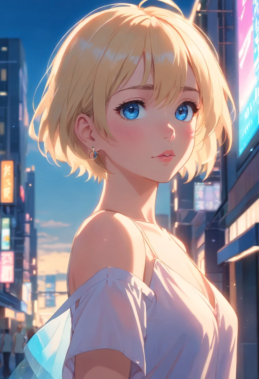Women, ((Blonde)), ((Blue eyes)), ((Short hair)), ((Full shot)), very detailed makeup, pale pink lipstick, long earrings, Standing naked in the backlight covered with a thin transparent fabric