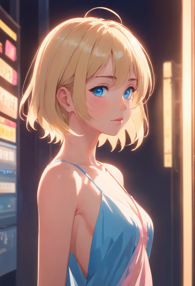 17 years old Women, ((Blonde)), ((Blue eyes)), ((Short hair)), ((Full shot)), very detailed makeup, pale pink lipstick, long earrings, bare shoulders and jewelry necklace, closeup crying with happiness