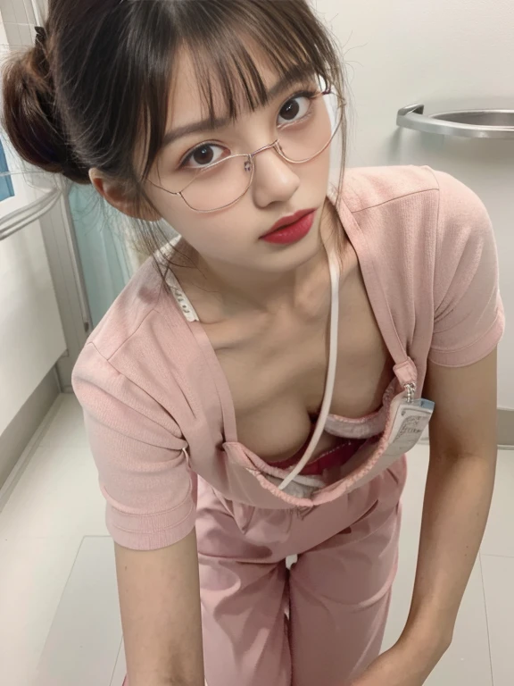 raw photo, 8k, (top-quality), Realistic, (real picture, Intricate details), (natural skin texture, detailed skin, hyper realism, sharpness), (( Japanese  girl bending over )),((in hospital))(( cute detailed bra with embellishments)), (((white medical uniform scrubs, downblouse, munechira))), (pale skin:1.2, slender body), ((long straight hair, blunt bangs)), (glasses seductive face, provocative look, Parted lips:1.3, eye bag:1.2, red thick lips),  spot lighting:1.3, upper body shot, view from above