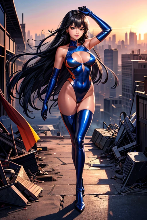 Super Heroine、Beautiful woman、Orange and blue leotard suit、latex、、Symbol mark on chest、Big Breasts、Glamorous Body、A splendid appearance、City in Ruins、High definition、high resolution、Silver、Black and red、Plastic-like luster、Black Hair、Dusk、Wavy long hair、Gloves、boots、Japanese、Photogenic reality