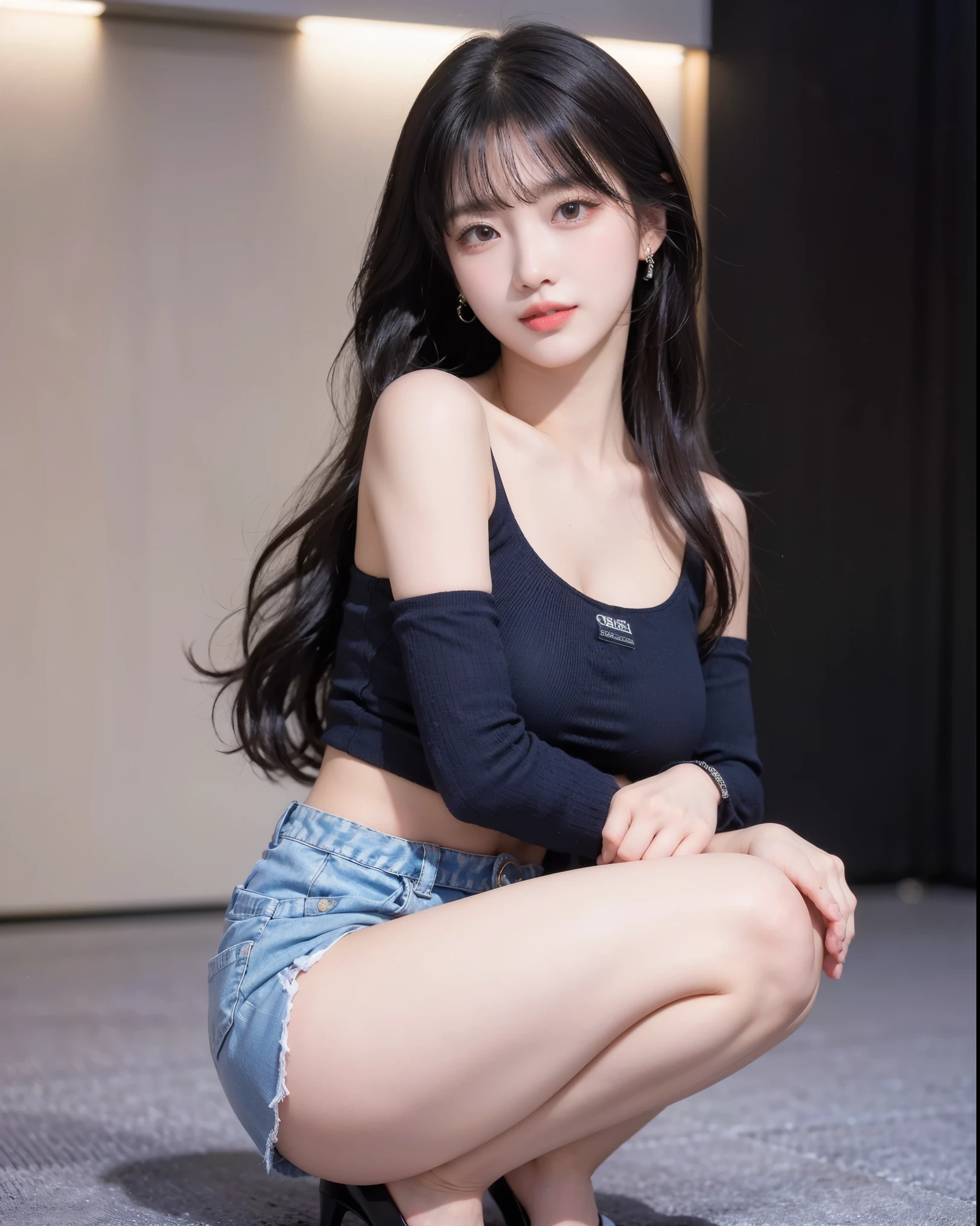 (8k, RAW Photos, highest quality, masterpiece:1.2), Super Resolution, (Realistic, Realistic Photo:1.37), whole body, 頭からつま先までwhole body, High-resolution RAW color photos, Professional photos, Very detailed, 8k wallpaper, Very detailed美少女, Very detailed顔, Very detailed目, Very detailed肌, Very detailed指, Very detailed鼻, Very detailed詳細な口 , Very detailedな脚, Perfect Anatomy, Very detailed背景, Very detailed衣服, 1 girl, (18:1.2), Age 25, Fair skin, Glowing Skin , Curly Hair, (bangs:1.2), smile, Cute face, Realistic face, Transparent costume, Micro Mini Skirt, Earrings, Squatting with your butt facing the camera, Dynamic Lighting, Very large breasts, stockings, High heels