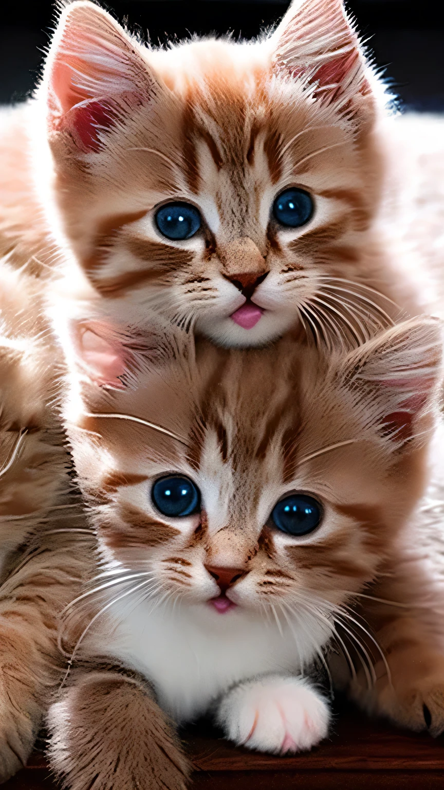 2Two kittens playing together fluffy The cat fills the screen Cupid's bow is placed Cats are angels On the bed Highest quality Photorealistic