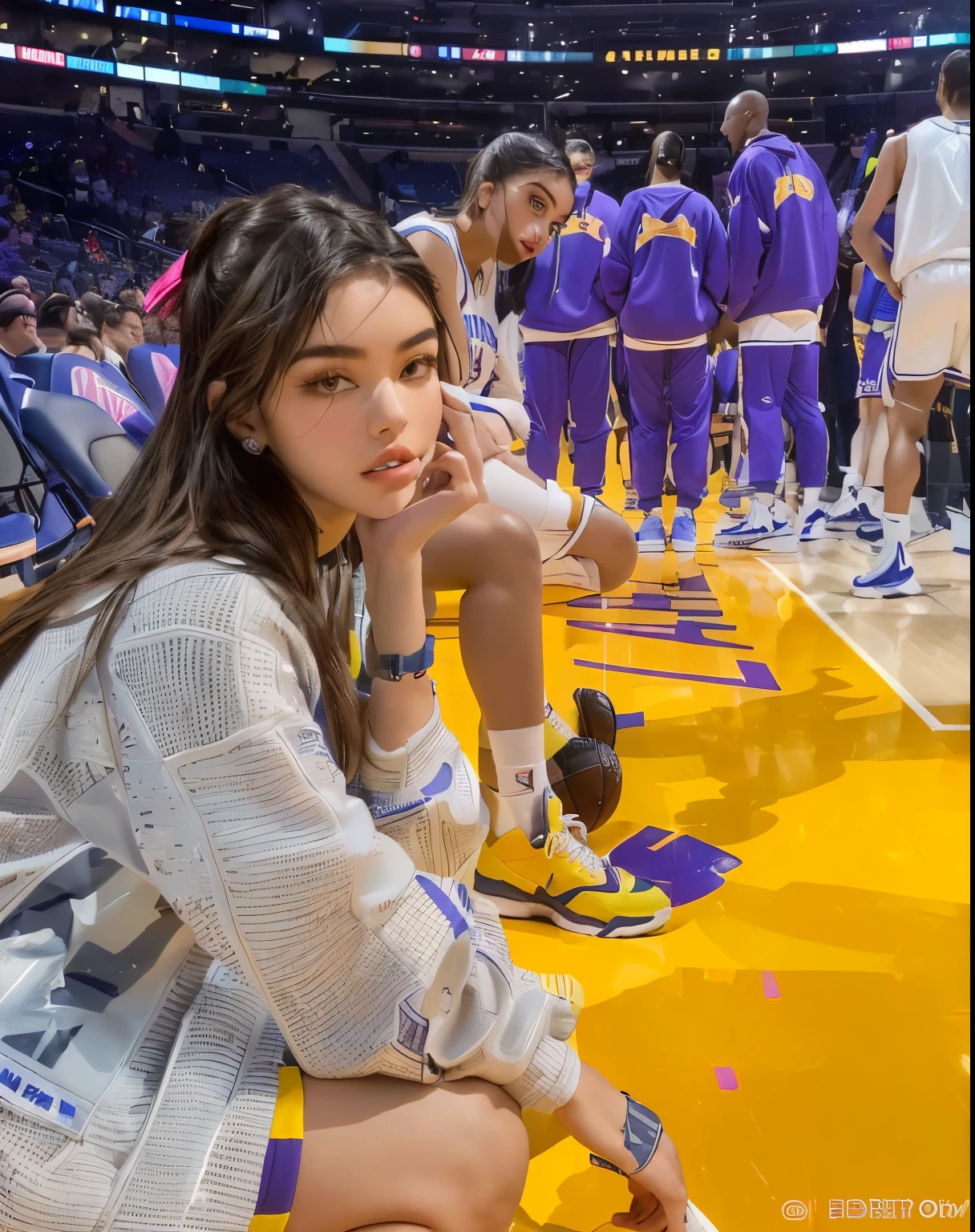 arafed woman sitting on the floor of a basketball court with a team in the background, madison beer, profile shot, isabela moner, wearing a fisher 🧥, 🤬 🤮 💕 🎀, leaked image, :: madison beer, profile pic, gemma chen, gorgeous lady, violet myers, looking cute, looking happy, sneaker photo, portrait sophie mudd