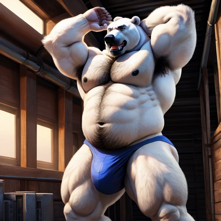 ((Polar Bear)), white teeth, ((standing)), saliva, (((white)) furred body)), ((nt)), ((intimidating)), dilf, Daddy, father figure, mature hunk, pecs, ((Antarctica)), ((very detailed background)), ((very detailed lighting)), ((very detailed hands)), ((well drawn hands)), ((very detailed crotch)), ((very detailed fur texture)), ((very detailed)), very high resolution, very high quality, detailed speedo, big underwear bulge, arms raised behind head, hairy armpits