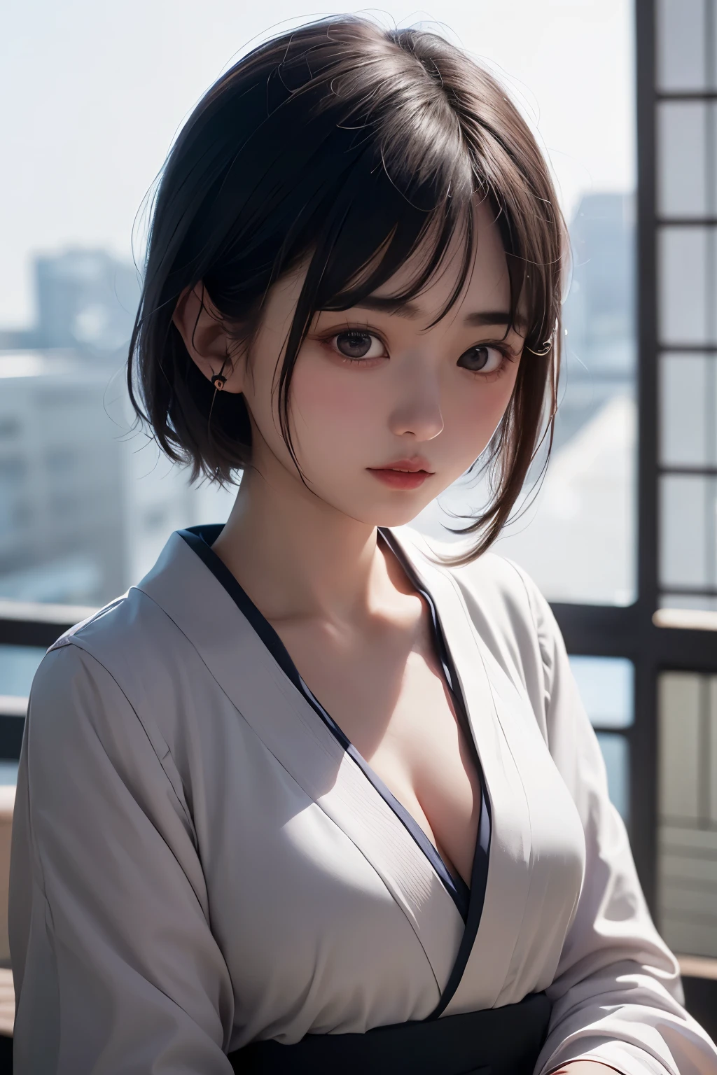 (1 nogizaka girl,raw photo,photo realistic:1.5),(best quality, high quality,HDR, highest quality,ultra high resolution,high resolution,high res,ultra high difinition,huge file size,8K,2K wallpaper,8K wallpaper,high quality texture,amazing,an extremely delicate:1.4),one girl, Japanese famous idol,beautiful face,small face,absurd,ridiculous,incredibly ridiculous,blurry background,(cleavage,no makeup:1.2),medium skin,beautiful skin,detailed skin,black hair,silky hair,(Japanese eyes:1.3),detailed eyes,black eyes,Japanese idol eyes,triangle eyes,Japanese nose,5-fingers,(Light Particles, Lens Flare, Luminous Particles: 0.7),looking at viewer,bright lighting,professional lighting,girl