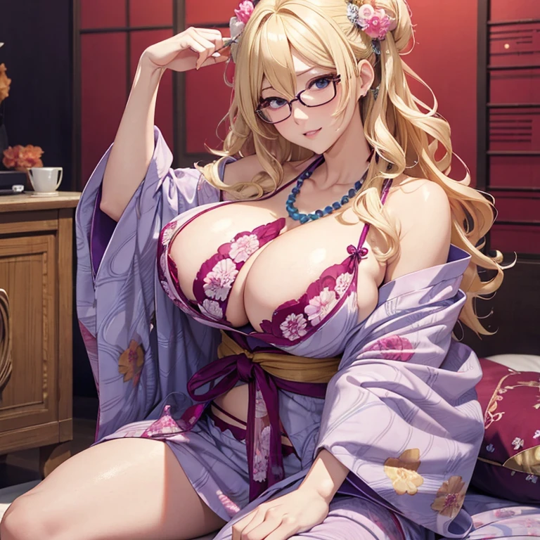 Blonde , large hair , full body , Milf , solo , Open color yukata , lingerie, Big breasts , huge tits , glasses , sexy , Pearl necklace