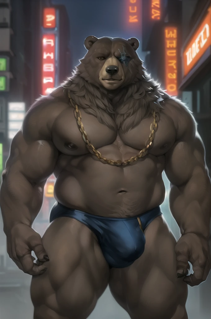 (by tojo the thief, by Darkgem, by Oouna, by honovy, By TheBigSlick, By phinnherz), bear, ursid, ben (zenless zone zero), explicit, anthro, male, solo, tokyo, street, neon lights, akihabara, chain, frontal view, detailed speedo, big underwear bulge