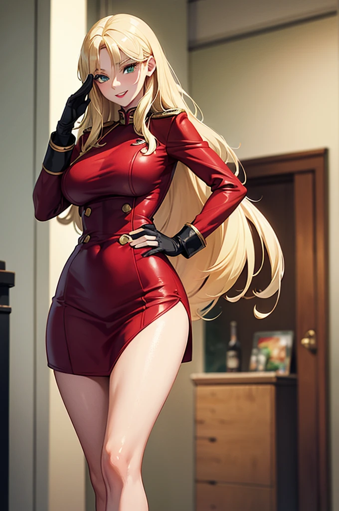 Woman saluting,Blonde,Long hair is thick,very red lips,Big Ass,Narrow waist,Long legs,Green Eyes Standing 8k(( A sloppy smile,The face we&#39;re looking for, Winking)), ,8k(( Anime Style, The facial expression is good, Anime Style緑色の眼, The facial expression is good:1.５)), Standing at the station, Morning, Beauty, soldier, uniform,spring,cherry blossoms,looking at the camera