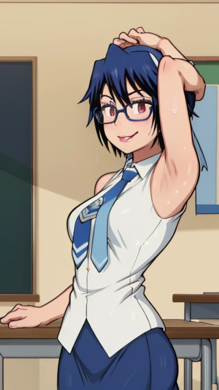 (Top Quality, 8K, Hi-Res, Masterpiece: 1.2), Super Detail, Anime Art Style, Anime Coloring Book, Solo, 1 Girl, Seishiro Tsgumi, White Shirt, Both Shoulders Exposed, Tight Skirt, Glasses, Natural Lips, Classroom , medium , solo, stylish pose, stylish angle, staring at the audience from the center of the screen, cowboy shot, seductive smile,put your hands behind your head, armpits, armpits visible, sweaty armpits, short hair, blue hair