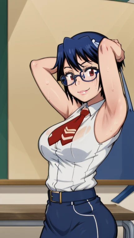(Top Quality, 8K, Hi-Res, Masterpiece: 1.2), Super Detail, Anime Art Style, Anime Coloring Book, Solo, 1 Girl, Seishiro Tsgumi, White Shirt, Both Shoulders Exposed, Tight Skirt, Glasses, Natural Lips, Classroom , medium big breasts, solo, stylish pose, stylish angle, staring at the audience from the center of the screen, cowboy shot, seductive smile,put your hands behind your head, armpits, armpits visible, sweaty armpits, short hair, blue hair