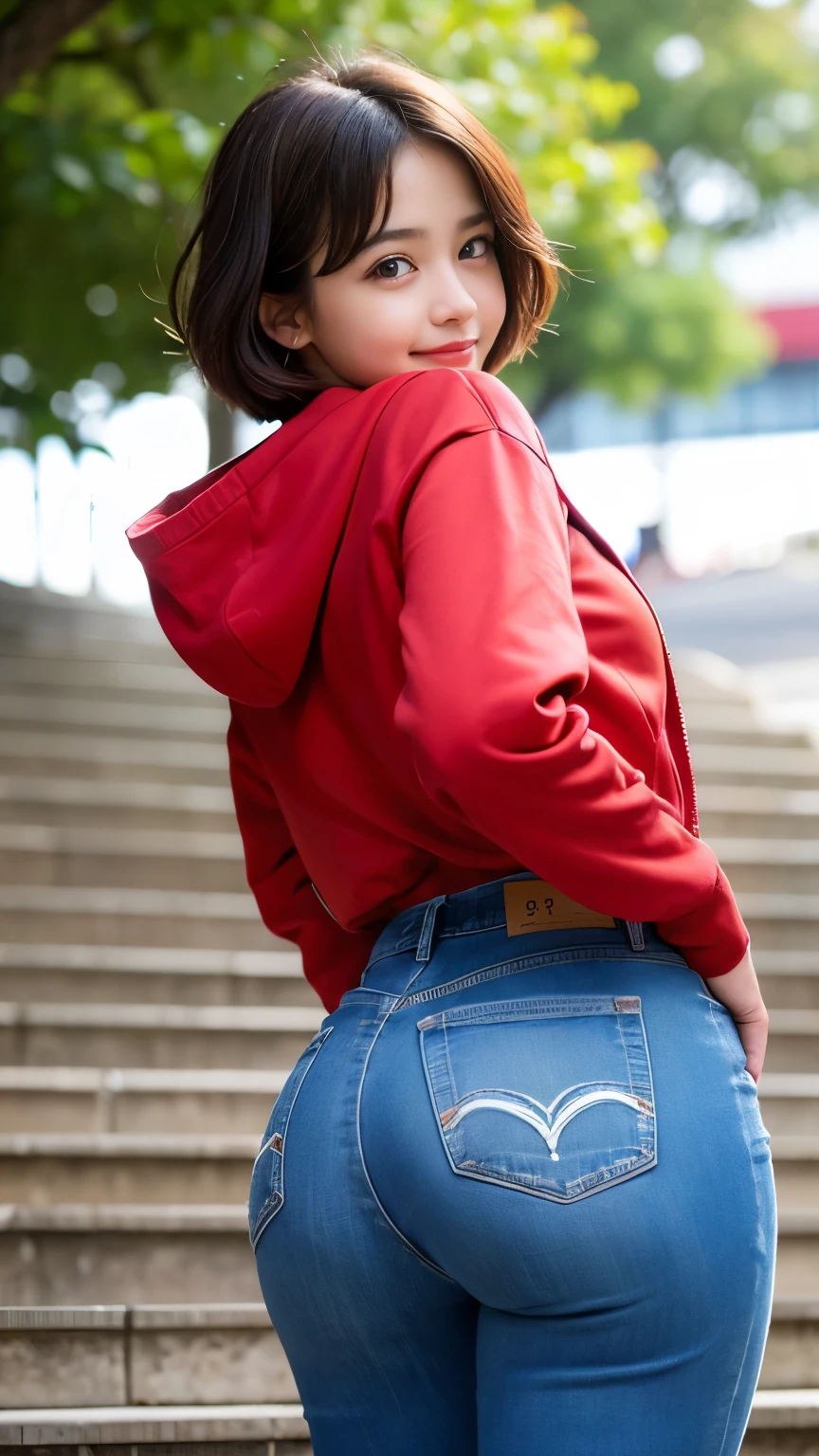 Best-quality, Masterpiece, Ultra-High-Resolution, (Photorealistic:1.4), Raw Photo, depth of field, professional lighting, perfect anatomy, extremely details, from below, 1girl, 15-years-old, Japanese idol, cowboy shot, wearing underwear red hoodie and denim hot-pants, at stairs, (upturned ass), (extremely cute face, ((extremely beautiful and extremely big eyes)), extremely beautiful short-cut-haired, extremely beautiful skins), realistic skin texture, extremely beautiful long-eyelashes, extremely beautiful lips, childish body, extremely beautiful hip, extremely beautiful thighs, looking down, innocent-smile