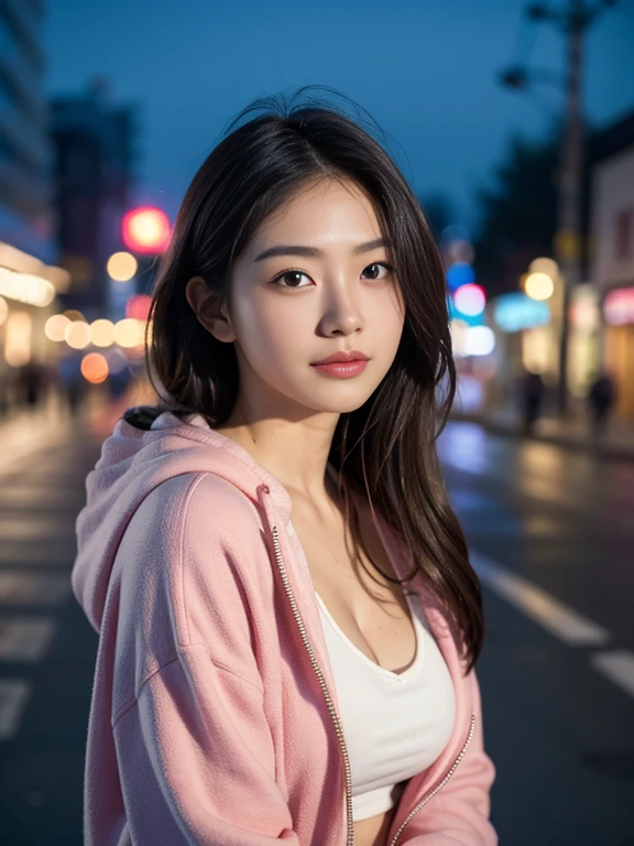 A Japanese actress at night in a pink hoodie. Vending machines and street lights in the background, shy smile, (messy Hair blowing in the wind:1.1), large breasts, Cleavage, upper body shot, BREAK, realism, natural lighting, soft light, cute, young, baby face, facial lighting, young actress, beautiful actress, ((chiseled face)), smooth skin, black eyes, glowing eyes masterpiece, best quality, 8K, detailed, detailed eyes, detailed face and skin, hi-res, perfect anatomy, physically-based rendering, photorealistic, symmetric clear eyes, well-groomed face