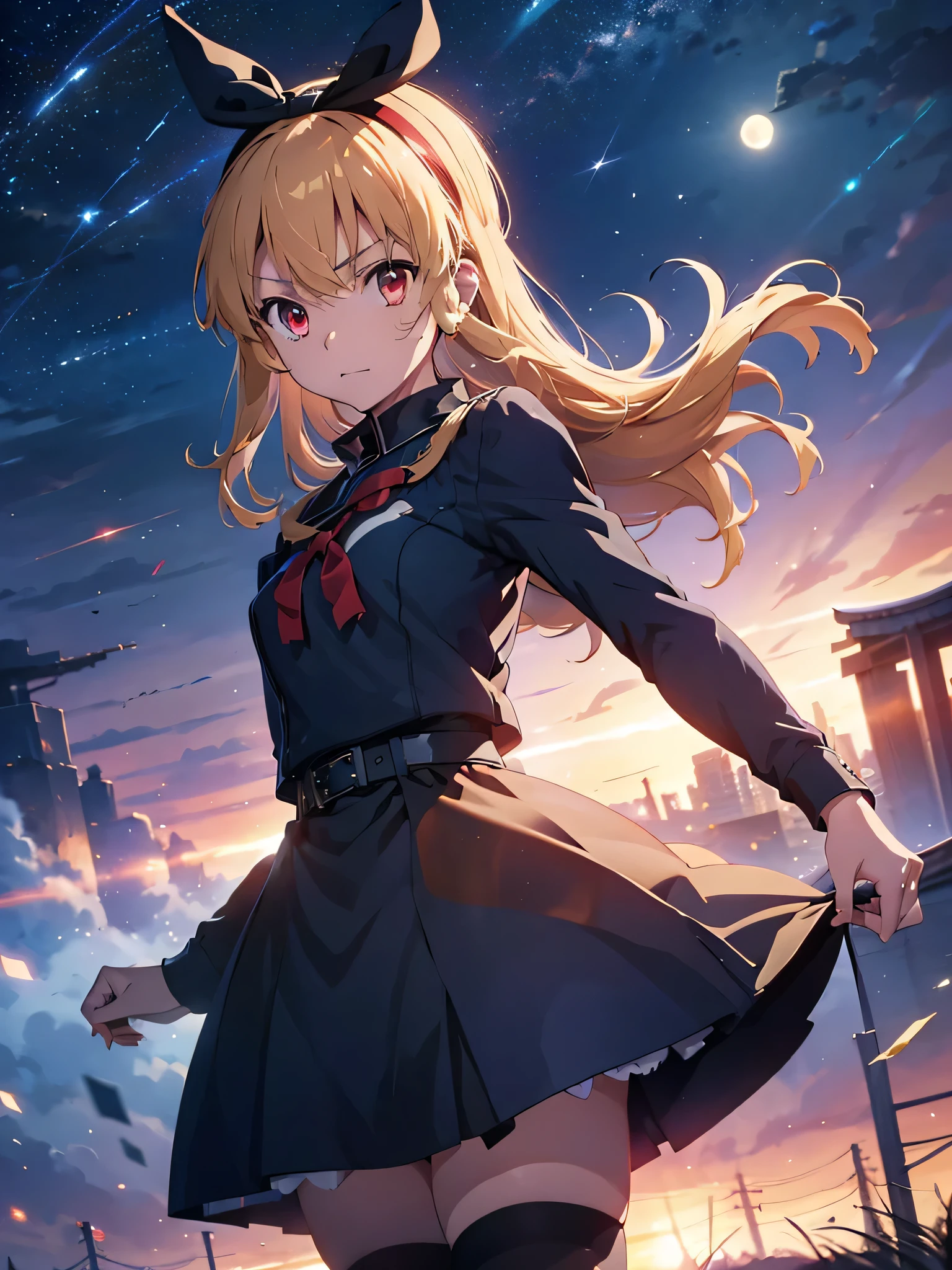 (red ribbon on hairband:1.2),（8K, best quality, muste piece:1.2)、ultra high resolution,1 very cute girl,hosimiya ichigo,ultra-detailed face, detailed eyes,RED eyes,masterpiece, best quality,1girl, , Full body shot, weapon, chain, very long hair, looking at viewer,(kbxll:0.5), Japanese Shrines, fantasy, bodysuit:1.5,city, energy ball, razer, lightning bolt, skirt, zettai ryouiki, Petrifying Demon Eye, dust-effect,Grain effect,Neon-light-effect, moon,tentacles,
artoria pendragon \(fate\), armor, dress, suit, excalibur \(fate/stay night\),
fighting stance, dinamic angle, sparks,shirt lift,battle,A grand city in the year 2100, wide shot, hyper realistic, Nausicaa Ghibl,