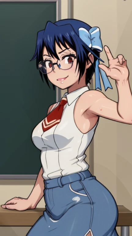 (Top Quality, 8K, Hi-Res, Masterpiece: 1.2), Super Detail, Anime Art Style, Anime Coloring Book, Solo, 1 Girl, Seishiro Tsgumi, White Shirt, Both Shoulders Exposed, Tight Skirt, Glasses, Natural Lips, Classroom , medium big breasts, solo, stylish pose, stylish angle, staring at the audience from the center of the screen, cowboy shot, seductive smile,raised hand, armpits, armpits visible, sweaty armpits, short hair, blue hair