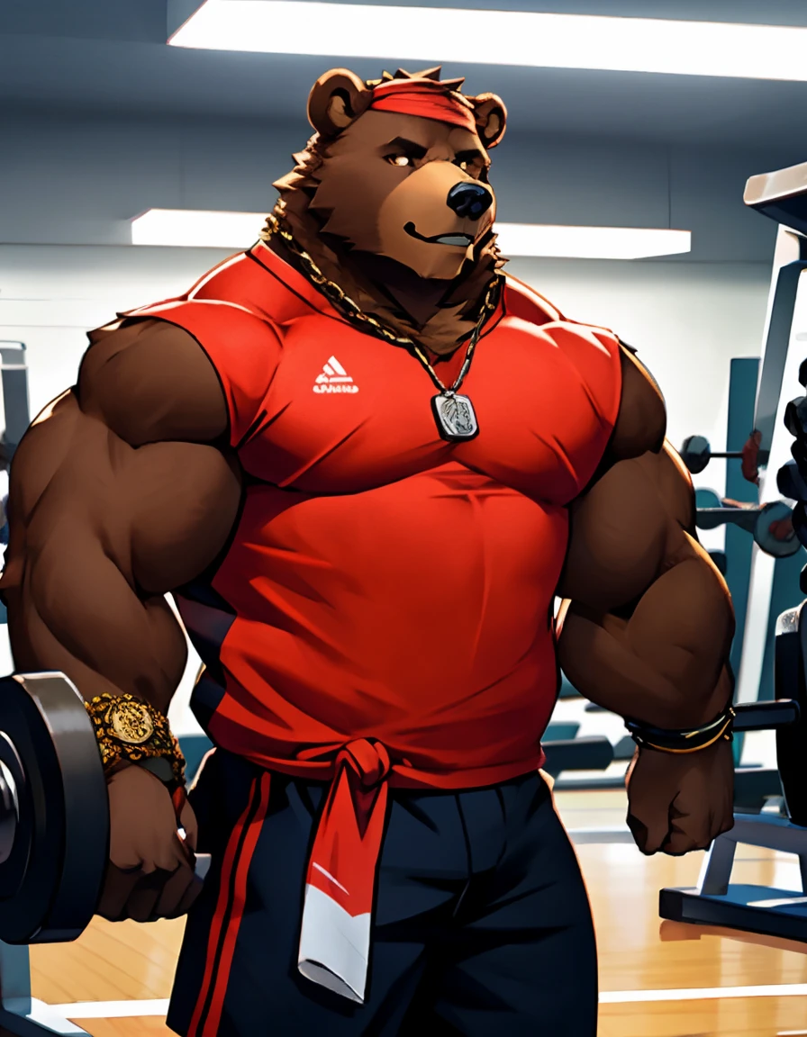 (((He has a bear head))) caminhoneiro. He is lifting weights in the gym, treinando muito arduamente. Ele veste short de treino. bandana on neck, Watch & Bracelets. He wears gold chain around his neck.modern gym scene. Seu Corpo Pesa acima dos 180 quilos. Fotografia de corpo inteiro fotografia de Corpo completo.