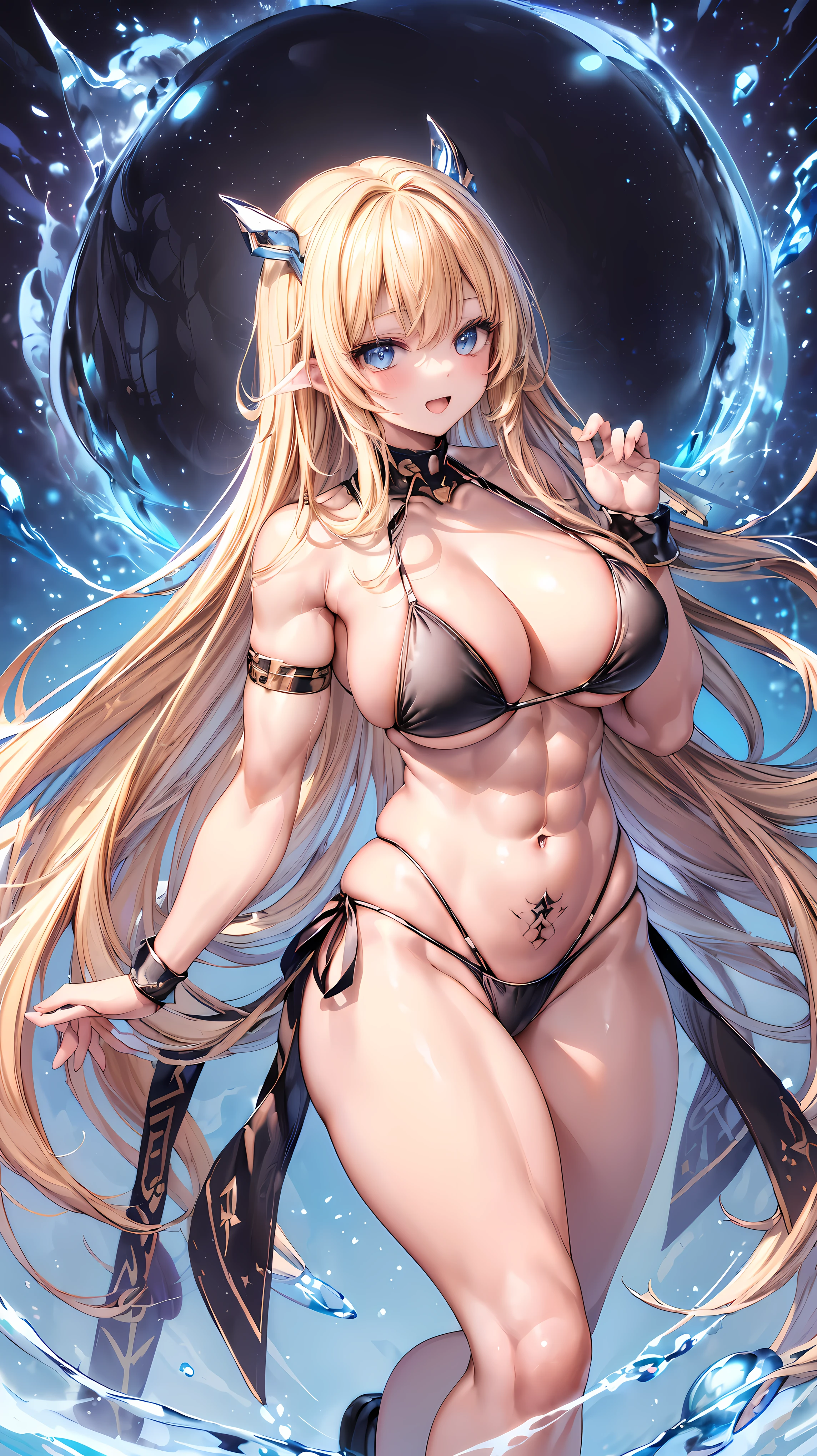 Very detailed、highest quality、Best image quality、masterpiece、8k、Anime Face、A kind smile、(Open your mouth:1.3)、Sparkling blue eyes、(Blonde semi-long hair:1.5)、(Muscles of the whole body:1.3)、(High leg:1.8)、Thigh belt、(Black high-cut bikini:1.5)、(Cowboy Shot:1.5)、(SFW Giant)、(Thick body:1.2)