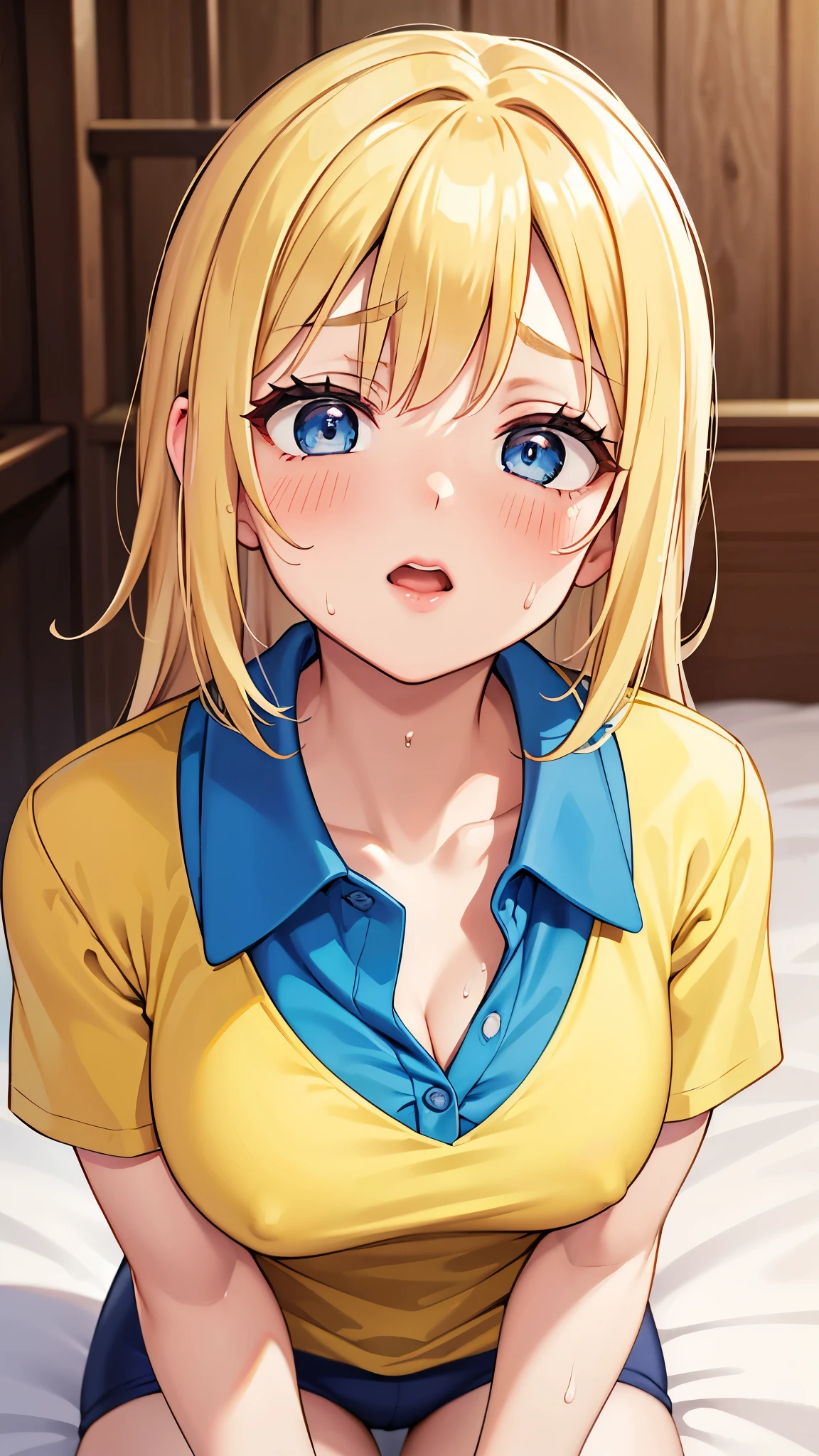 Realistically、45-year-old woman、Wearing a yellow polo shirt，Face Enhancement，Chest Super Zoom，Emphasize cleavage，Looking up from below，Her hair color is blonde.，blue eyes、Blushing，Red lips，Sexy，Bedsit，Please open your mouth as wide as possible、Place your arms behind your head、Wear underwear，Sweaty face