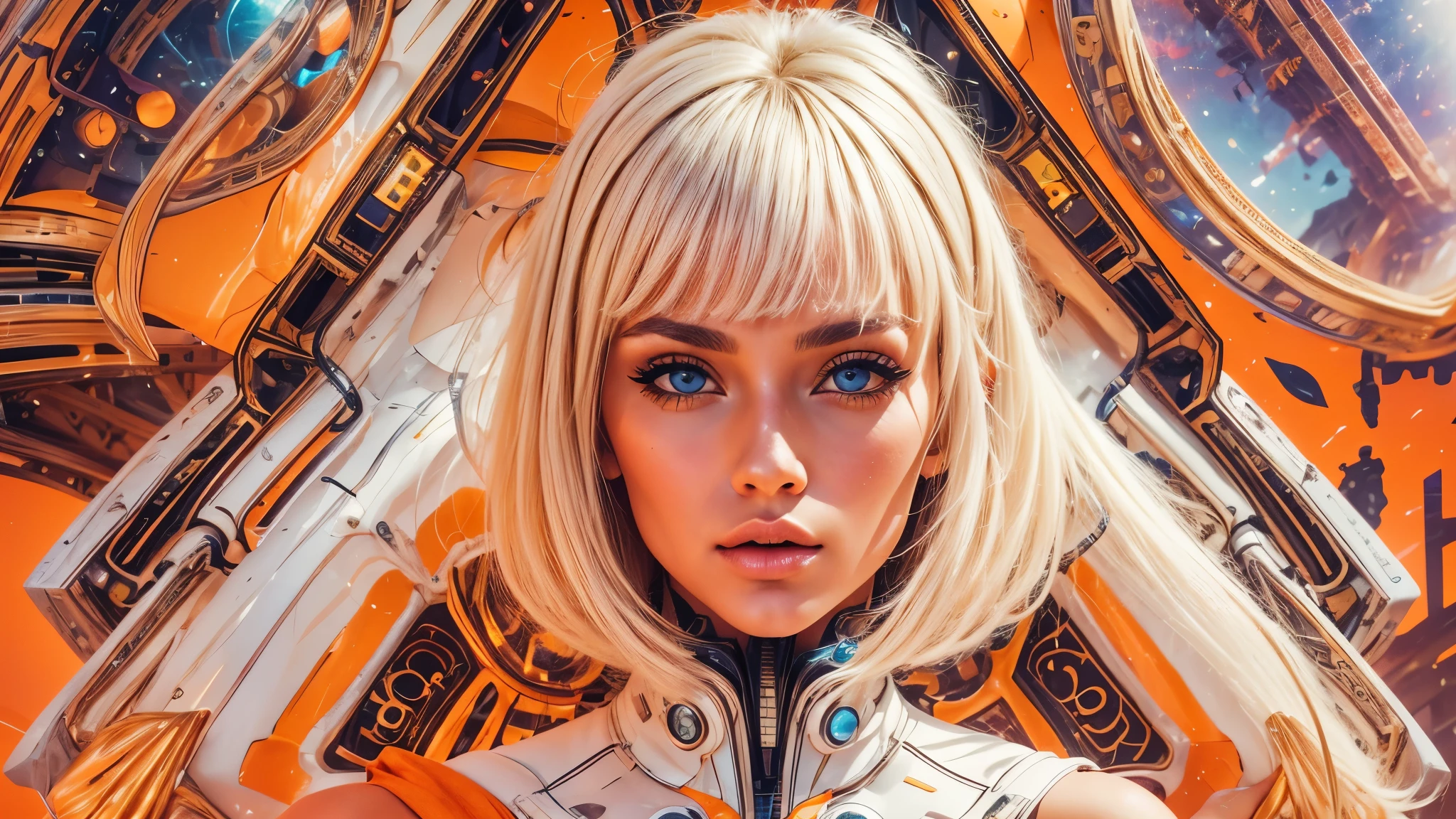 arafed image of a white woman in a futuristic suit with a spaceship in the background, movie art, in front of an orange background, inspired by Robert McGinnis, female protagonist, megastructure in the background, portrait of an ai astronaut, astronauts, an astronaut, portrait of a astronaut skeletor, perfect android girl, Highly Detailed Face and Skin Texture, Detailed Eyes, Double eyelids, perfectly detailed teeth, frank franzzeta and sakimichan