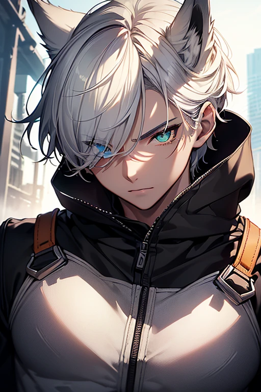 (Absurd, High resolution, Very detailed), masterpiece, highest quality, Light and shadow, silverwolf,Wolf-eared males,Short cropped hair,Short bangs,Detailed face,Black Shirt,No hood,Thin chest,Slender,Clear, large eyes, ,Anime characters,White wolf anthropomorphic,good looking,youth, young,Handsome,   ((Heterochromia, Left eye clear yellow, Right eye is red and glowing like crimson,Right eye,Right eye dazzling,),Mysteriously shining pupils, Fantasy,mysterious , Spectacular backdrop, Beautiful high floor,Octane Rendering, Beautiful Features, Beautiful and detailed eyes,  Detailed face, Perfect skin texture, Extreme Detail, Whole-body vision, Cinema Lighting,  Professional Lighting, profile,Shot with a Hasselblad X1D-50, Depth of written boundary, Perfect all-round lighting, (highest quality), (masterpiece), (Super detailed),, Far away from the subject,Wolf ears don&#39;t stick out from the screen,The whole body fits on the screen,Upper body only,smile,Don&#39;t stare at the audience,Photographing a subject from directly above,Don&#39;t show a close-up of your face,Sweep your side hair back,No sideburn hair