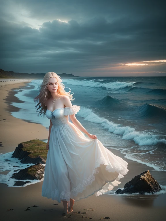 Beautiful British woman in her 30s in a white dress standing on a rough beach, A dazed expression、Surreal photos of the beach, Spooky sky、Photo Editing, Fantasy Photography, Photo by Alexei Grilev, Beauty, Photo: Alexei Kurylev, Inspired by Irakli Nadar, Photo Editing, Photo Editing, Inspired by Brooke Shaden, realistic Fantasy Photography, Brooke Schadden Details