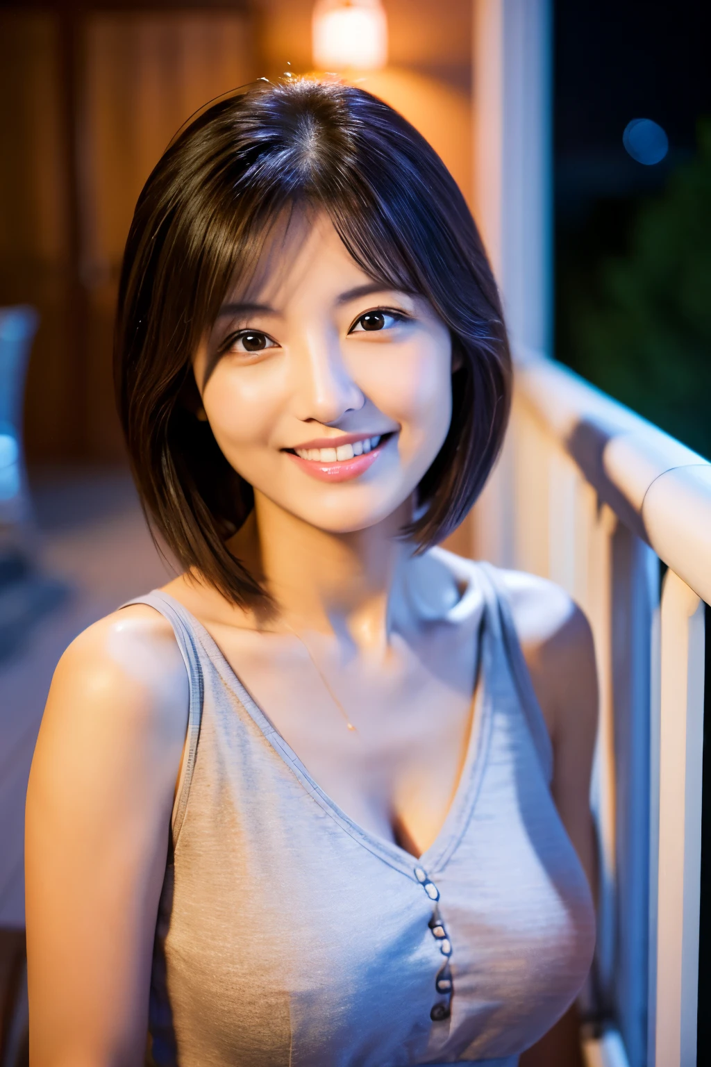 Highest resolution, 4K, Masterpiece: 1.3), A Japanese milf, photo of one lady, Sexy: 1.1, fine eyes, Slender figure, Realistic teeth, double eyelids, full body, best quality, detailed, beauty, a married woman, at the balcony, night
