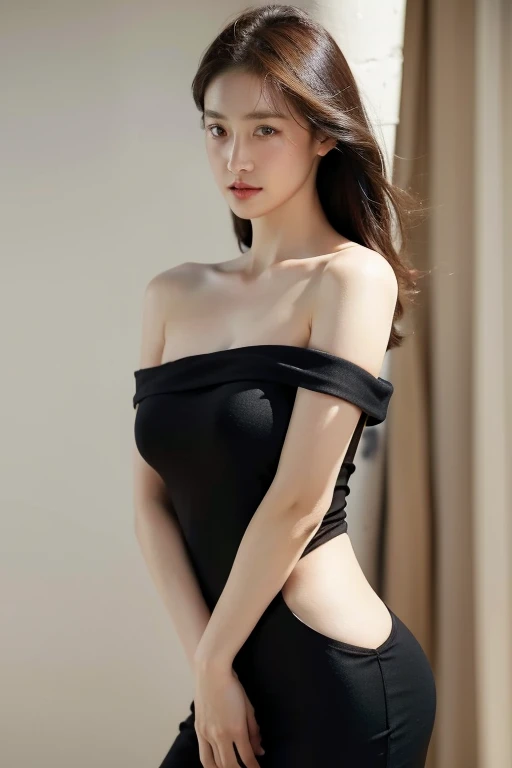 highest quality, masterpiece, ultra high resolution, (photorealistic:1.4), RAW photo,1 girl, alone, realistic, lips, (looking at the viewer), Upper body, simple background, brown eyes, black dress, off shoulder,Less cloth, naked portrait, nude photography, shiny nipple, show armpit