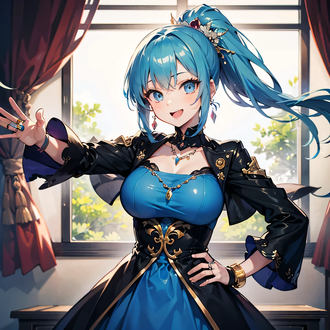 Anime Moe Art Style,highest quality,High resolution,Anatomically correct,One Girl,Mid-teens,A girl with light blue hair in a ponytail,Super detailed,Fantasy-style world,Glamorous Dress,Big Breasts,A rich expression,Bright smile,Laughing with your mouth open,Put one hand on your hip,Waving one hand,Model standing,Inside the palace,Focus on the upper body,Eyes drawn in detail,hair ornaments,necklace,bracelet,ring,,8K