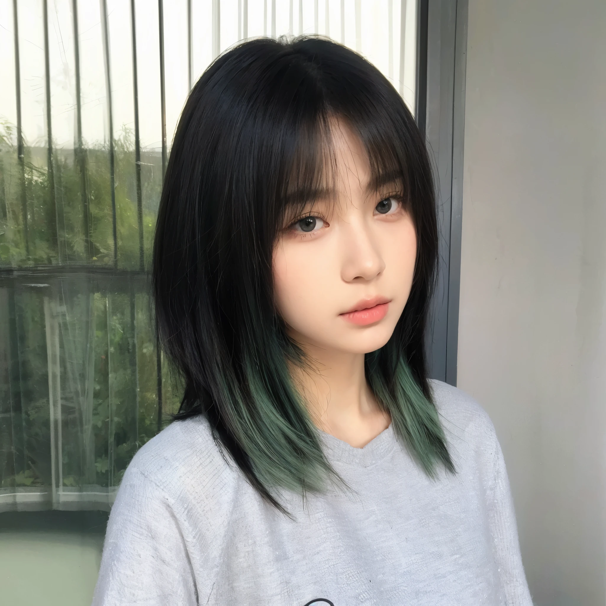 Green short hair，Natural and beautiful hair，The background is simple and clean