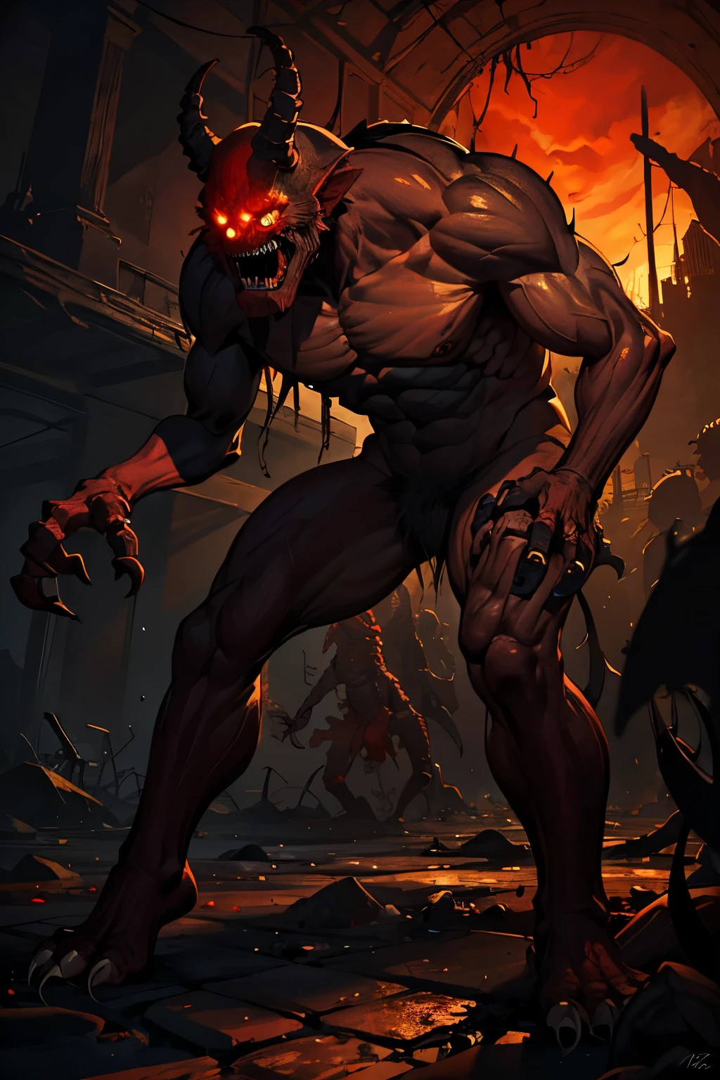 A monstrous figure, with eyes situated on its chin and a mouth adorning its forehead. Legs and arms sprouting from its head, creating an eerie and unsettling appearance. Redskin texture covering its ragged body. The scene set in a dystopian location, awash in saturated orange tones. In the realm of a 2D retro game, horror unfolds with each grotesque detail. (best quality, 4k, atmospheric, horror, retro game, 2d, red tones, monster, surreal, detailed, gritty)