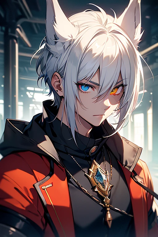 (Absurd, High resolution, Very detailed), masterpiece, highest quality, Light and shadow, silverwolf,Wolf-eared males,Short cropped hair,Short bangs,Detailed face,Black Shirt,No hood,Thin chest,Slender,Clear, large eyes, ,Anime characters,White wolf anthropomorphic,good looking,youth, young,Handsome, ((Heterochromia, Left eye clear yellow, Right eye is red and glowing like crimson,Right eye,Right eye dazzling,),Mysteriously shining pupils, Fantasy,mysterious , Spectacular backdrop, Beautiful high floor,Octane Rendering, Beautiful Features, Beautiful and detailed eyes, Detailed face, Perfect skin texture, Extreme Detail, Whole-body vision, Cinema Lighting, Professional Lighting, profile,Shot with a Hasselblad X1D-50, Depth of written boundary, Perfect all-round lighting, (highest quality), (masterpiece), (Super detailed),, Far away from the subject,Wolf ears don't stick out from the screen,The whole body fits on the screen,Upper body only,smile,Don't stare at the audience,Shooting subjects from high places like a drone,Don't show a close-up of your face,Sweep your side hair back,No sideburn hair