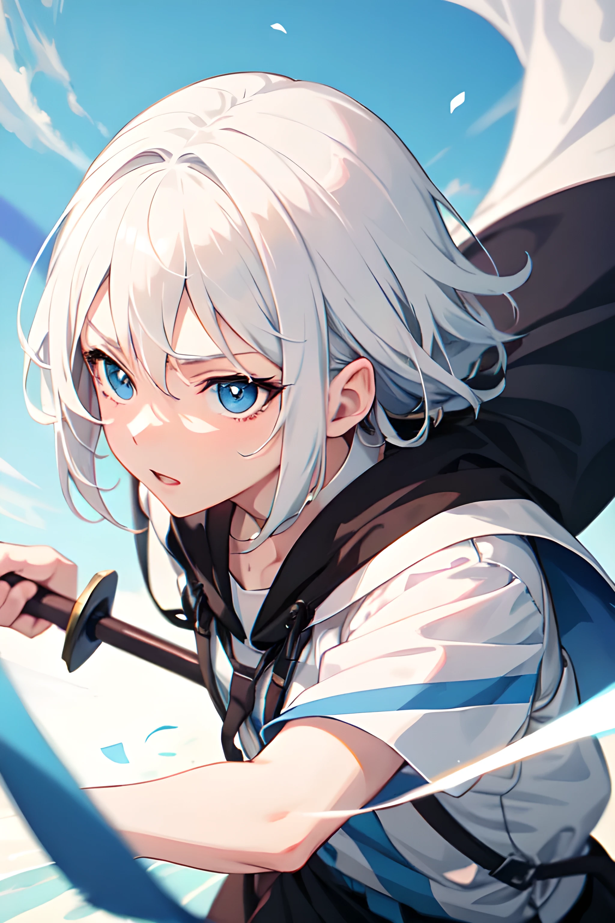 ((best quality))(detailed), perfect facemake me an anime picture of a short man with white hair, blue eyes, village clothes, carrying a blue sword, good picture quality, art, anime, anime character, plain face, fighting horse