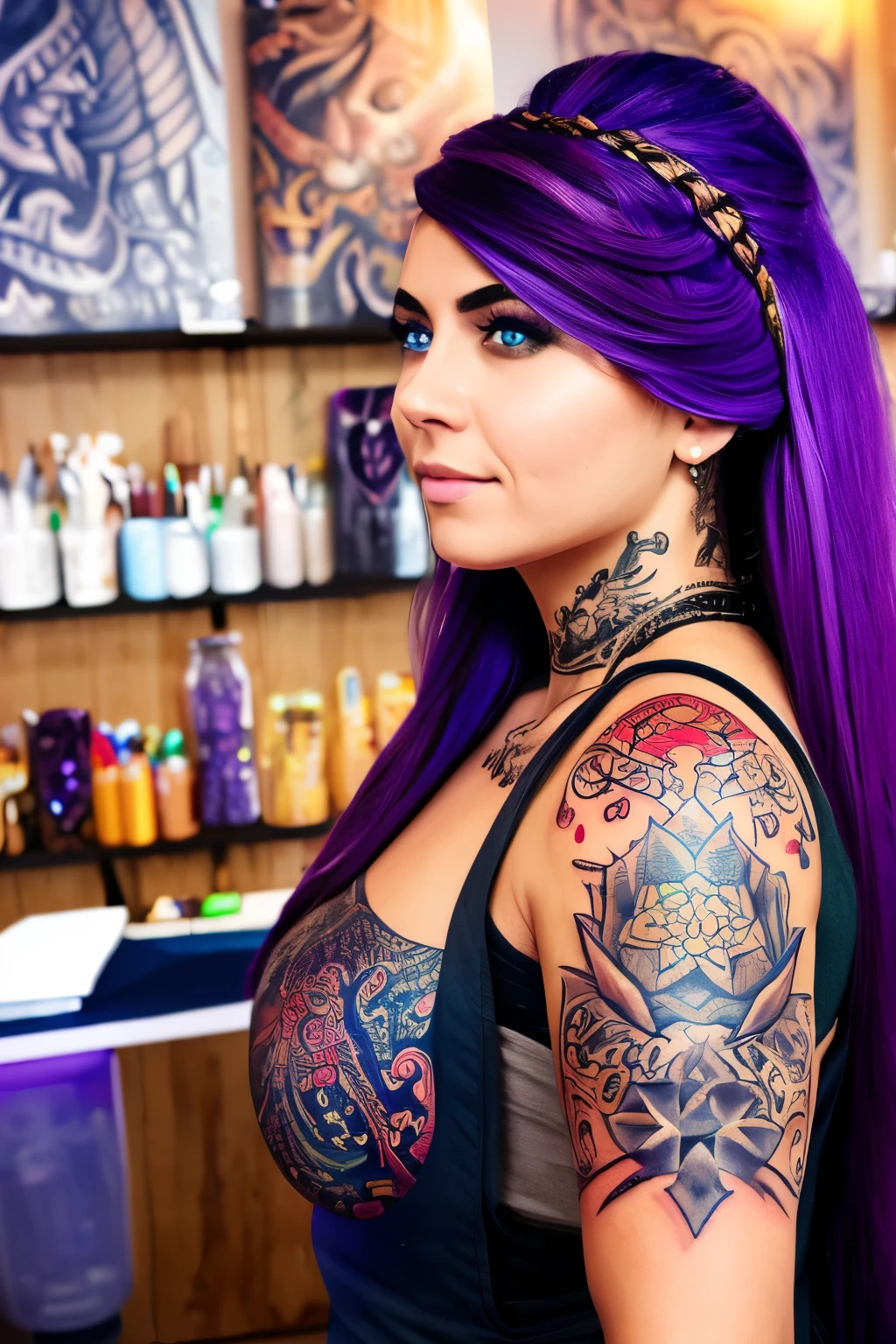 A female tattoo artist with a viking hairstyle, long flowing hair, and white and purple hair. Her hair is intricately braided with beads and feathers. She has piercing blue eyes that captivate anyone who gazes into them. Her lips are full and painted with a deep shade of red. She is wearing a leather apron, adorned with various tattoo machine accessories. The studio is filled with the buzzing sound of the tattoo machine and the scent of ink. Colorful tattoo designs are displayed on the walls, showcasing her artistic skills and creativity. The artist is working on a client's arm, carefully crafting a vibrant and detailed sleeve tattoo. The tattoo design incorporates elements of Norse mythology, with intertwining dragons and Nordic symbols. The lighting in the studio is dim, accentuating the vibrant colors of the tattoos and creating a mysterious atmosphere. The overall image quality is high-resolution, bringing out every intricate detail of the tattoos. The artwork has a realistic and vivid style, with the colors popping out and creating a visually stunning effect. The color palette consists of deep purples, blues, and hints of vibrant red, giving the image a mystical and enchanting vibe. The scene is illuminated by soft, warm studio lighting, casting subtle shadows and adding depth to the image. The artist's talent and passion are evident in her focused expression and precise movements as she creates her art. The overall atmosphere is that of creativity, artistry, and empowerment, capturing the spirit of a female tattoo artist in her element.