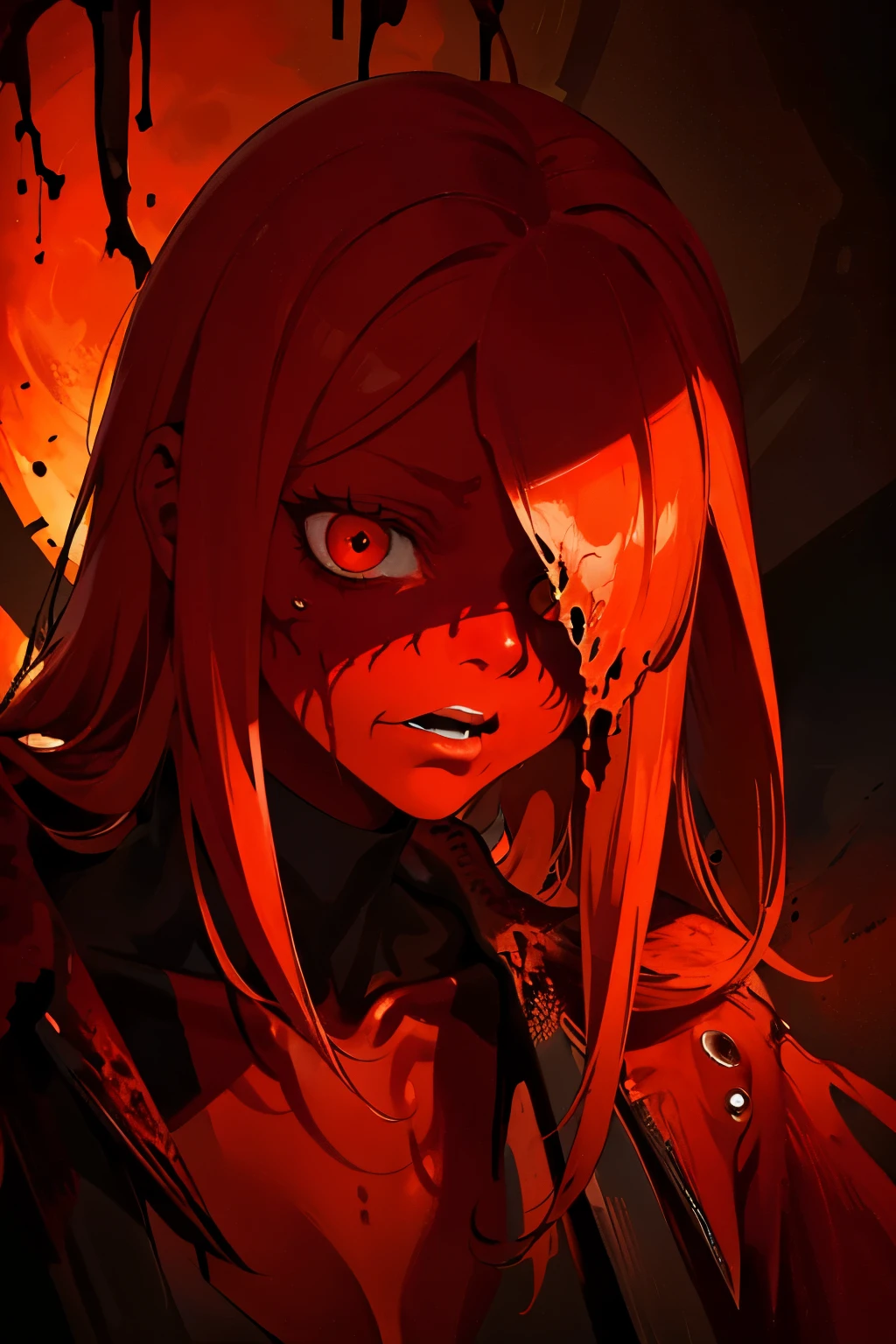 Monster with eyes on chin and mouth on forehead, red skin, ragged covering, arms and legs emerging from head, dystopian background, saturated orange hues, 2D retro game art style, horror atmosphere.
Maximize the detail and texture of the monster's skin and ragged covering, focus on the contrast between the red skin and the muted dystopian environment. Create a sense of unease and tension with the ill-placed eyes and mouth, and emphasize the horrific atmosphere through the use of bold, saturated colors and sharp lines.