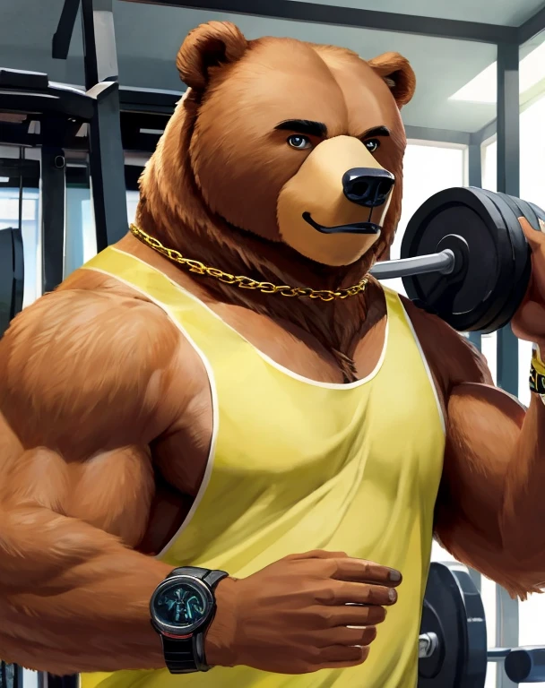 (((He has a bear head))) caminhoneiro. He is lifting weights in the gym, treinando muito arduamente. Ele veste short de treino. bandana on neck, Watch & Bracelets. He wears gold chain around his neck.modern gym scene. Seu Corpo Pesa acima dos 180 quilos. Fotografia de corpo inteiro fotografia de Corpo completo.