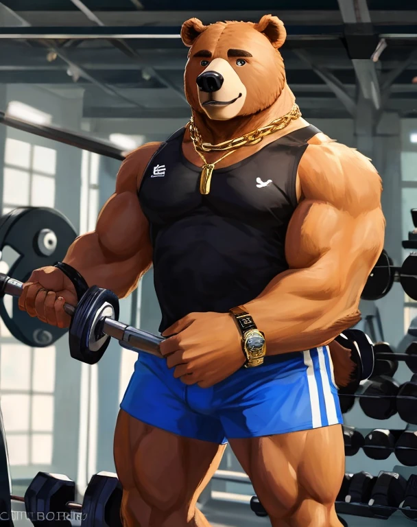 (((He has a bear head))) caminhoneiro. He is lifting weights in the gym, treinando muito arduamente. Ele veste short de treino. bandana on neck, Watch & Bracelets. He wears gold chain around his neck.modern gym scene. Seu Corpo Pesa acima dos 180 quilos. Fotografia de corpo inteiro fotografia de Corpo completo.